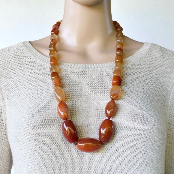Vintage Carnelian Agate Beaded Necklace Hand-Knotted Large Beads Red Orange 30” - Picture 1 of 11